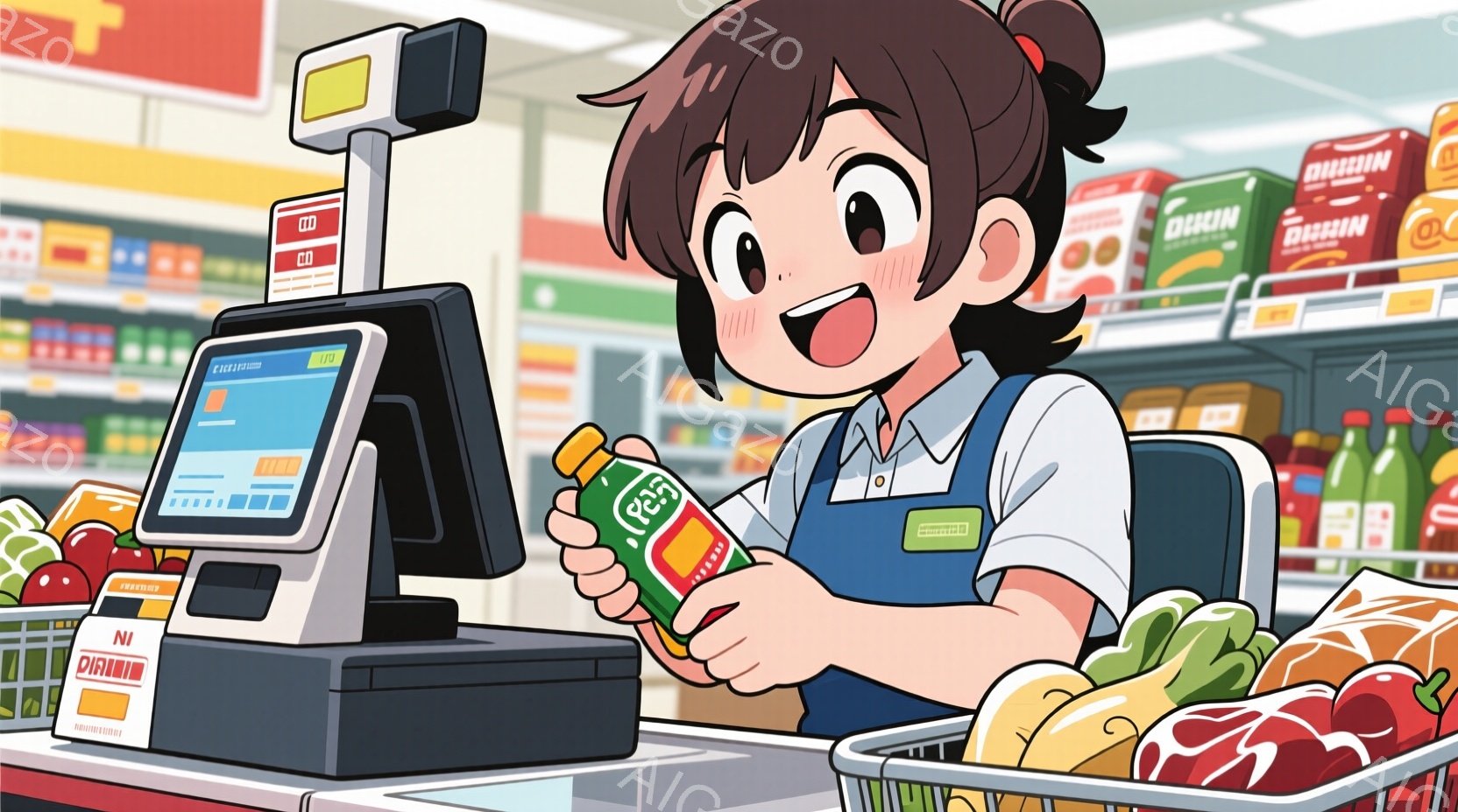レジの前に立つ若い女性が描かれています。彼女は明るい緑色のエプロンと白いシャツを着ており、髪はポニーテールに結ばれています。彼女は笑顔で小さな緑色のボトルを手に持ち、レジの画面を見ているようです。