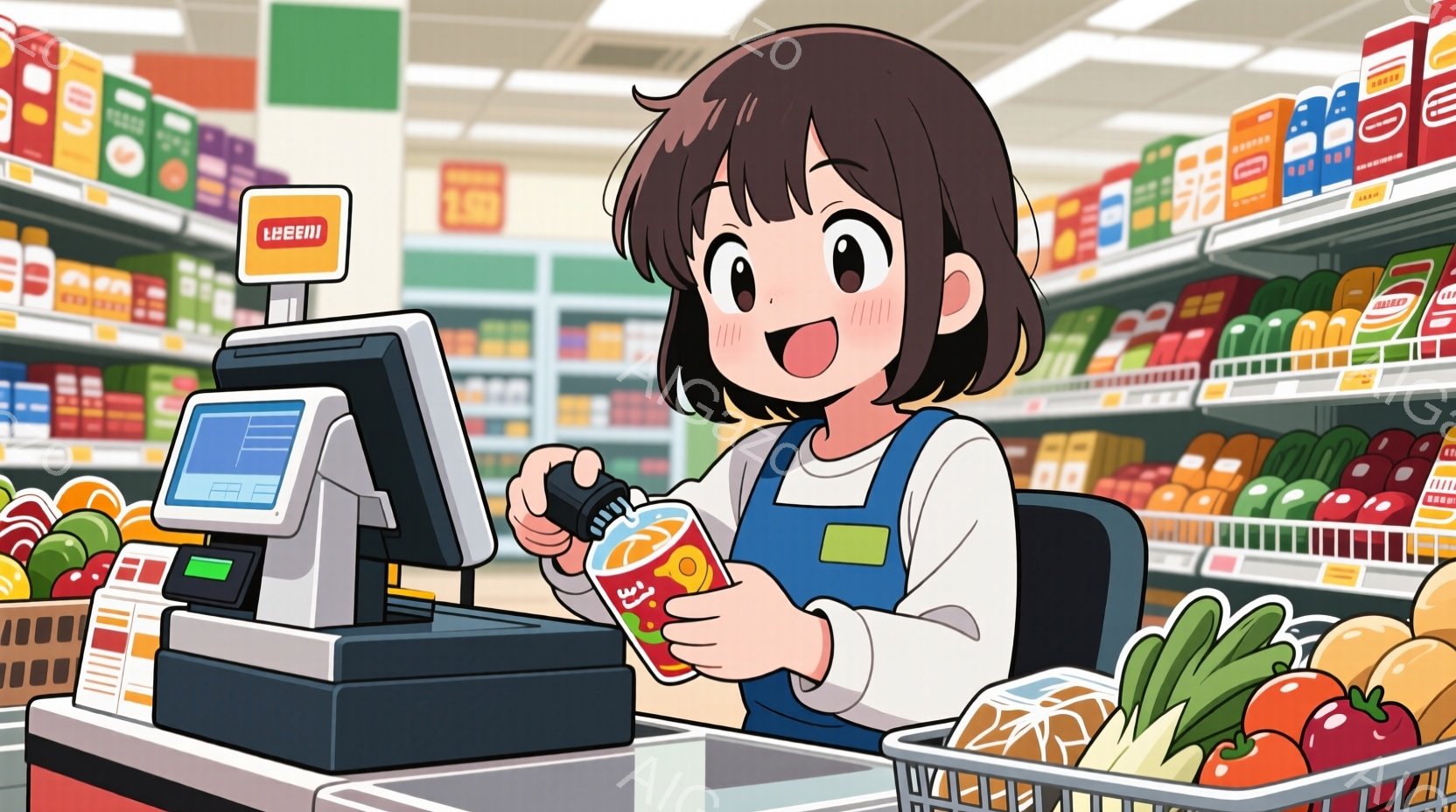 スーパーマーケットのレジでオレンジジュースのボトルをスキャンする若い女性店員を描いています。彼女は白い長袖シャツにエプロンを着用し、ダークブラウンのショートヘアで、笑顔で頬を赤らめています。背景には、カラフルな商品が並んだ棚とレジがあり、明るく活気のある雰囲気です。