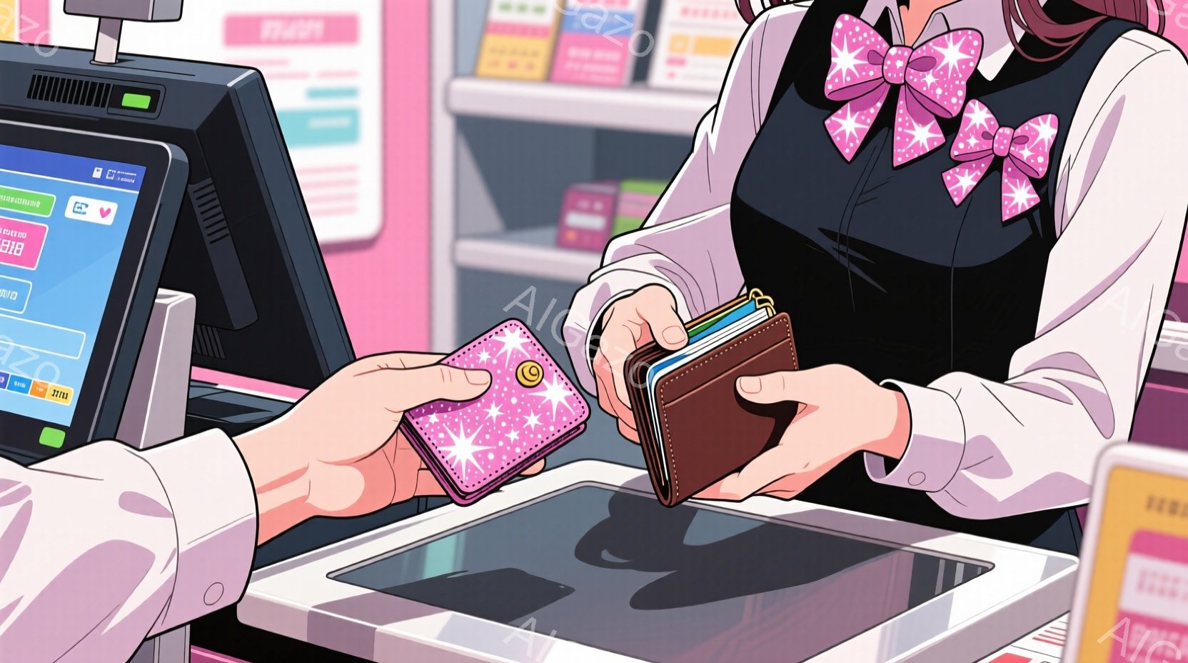 ピンク色のレジカウンターで、女性が財布からカードを取り出そうとしています。彼女は白いシャツにピンクの蝶ネクタイとベストを着ており、髪は後ろで結ばれています。背景には商品が並んだ棚が見え、明るくポップな - AI生成フリー素材