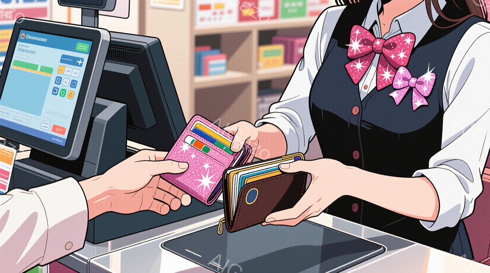 レジの前に立つ人物が、ピンク色のきらびやかな財布からクレジットカードを取り出している様子が描かれています。人物は黒いベストと白いブラウスを着ており、髪は後ろでまとめられ、ピンクのリボンがアクセントになっています。背景には商品が並んだ棚が見え、全体的に明るく、購買の瞬間の日常的な雰囲気が漂っています。