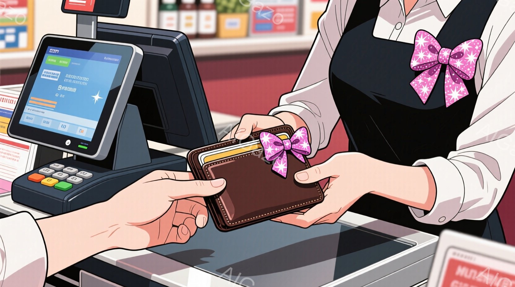 レジの前に立つ人物が、ピンクのリボンがついた茶色の財布をカードリーダーにかざしている様子が描かれています。人物は白いシャツに黒いベストを着用しており、袖はロールアップされています。背景には商品が並んだ棚が見え、明るく清潔なコンビニエンスストアの雰囲気です。