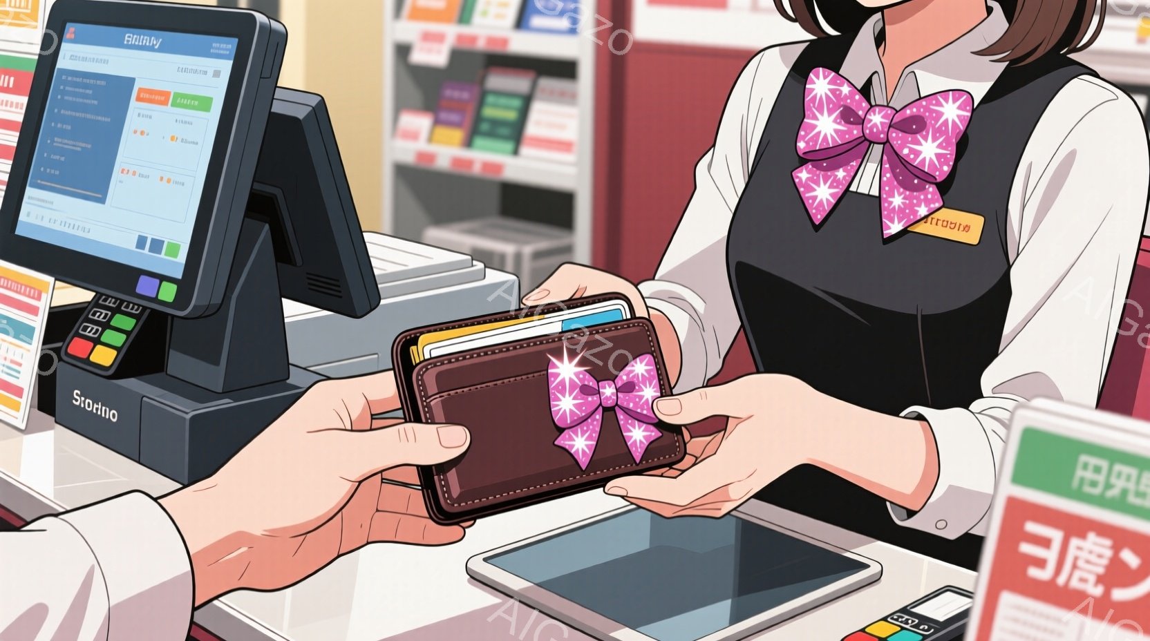 レジカウンターで、茶色の財布がクレジットカードを提示するように差し出されています。女性店員は黒いベストと白いブラウスを着ており、首にはリボン付きのネクタイピンが付いています。背景には商品が並んだ棚が見え、レジのモニターには何らかの数字と文字が表示されています。