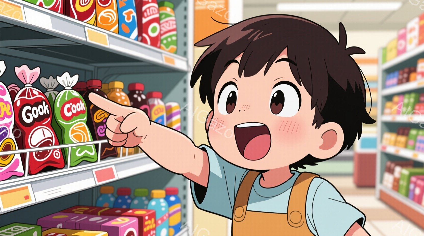 少年はスーパーマーケットの棚の前で、興奮した表情で何かを指差しています。彼は青いTシャツと黄色いオーバーオールを着ており、茶色の短い髪をしています。背景には、様々な種類の飲み物が並んだ棚が続き、明るく - AI生成フリー素材