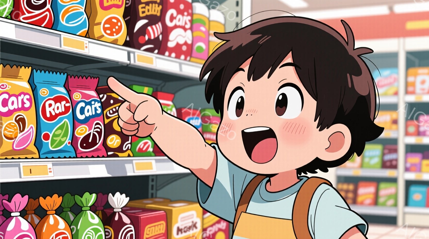 明るい色の包装されたお菓子が並んだ棚の前で、少年が指を伸ばして何かを指し示しています。彼は短い黒髪で、明るい青色のシャツとベージュ色のエプロンを着ており、驚いたような表情で口を開けています。背景にはお菓子の棚が続き、全体的に活気のある、楽しい雰囲気が漂っています。