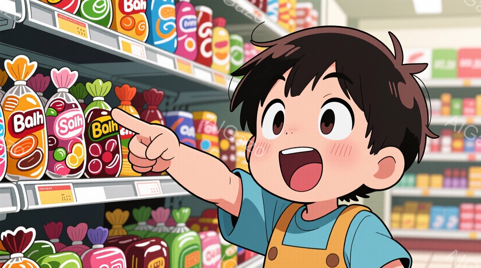 茶色の髪をした少年が、お菓子が並んだ棚の前で右手を伸ばし、嬉しそうに指を差しています。彼は青いシャツに黄色のオーバーオールを着ており、頬は赤く染まっています。背景にはカラフルなお菓子のパッケージが並び、明るく楽しい雰囲気が漂っています。
