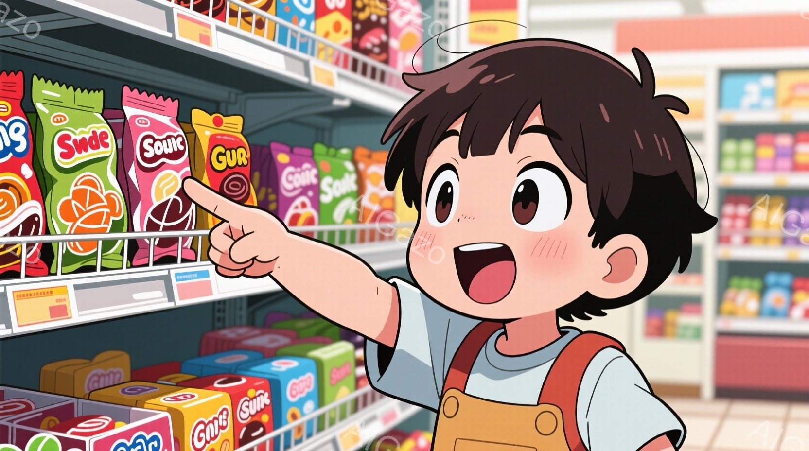 茶髪の短い髪型をした少年が、お菓子が並んだ棚の前で指を伸ばして何かを選ぼうとしています。彼は白いシャツに黄色のオーバーオールを着ており、顔は驚きと興奮で明るく輝いています。背景には、様々な色のお菓子が並び、活気のあるスーパーマーケットの雰囲気が伝わってきます。