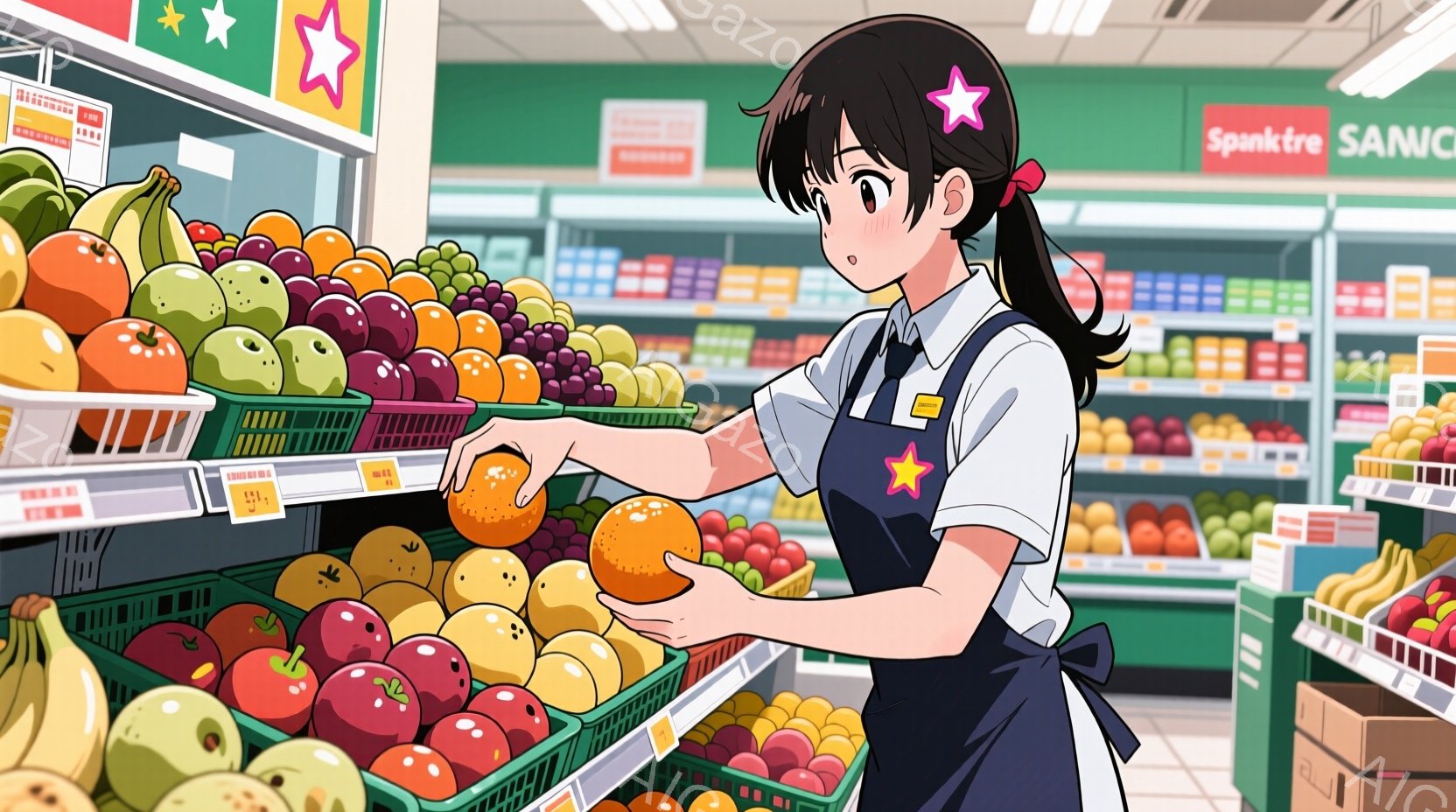 スーパーマーケットの果物売り場でオレンジ色のオレンジを手に持った若い女性が描かれています。彼女は黒髪をポニーテールにし、白いブラウスにエプロンを着用し、真剣な表情でオレンジを選んでいます。背景には、様々な果物が並んだ棚と、スーパーマーケットの明るい照明が確認できます。