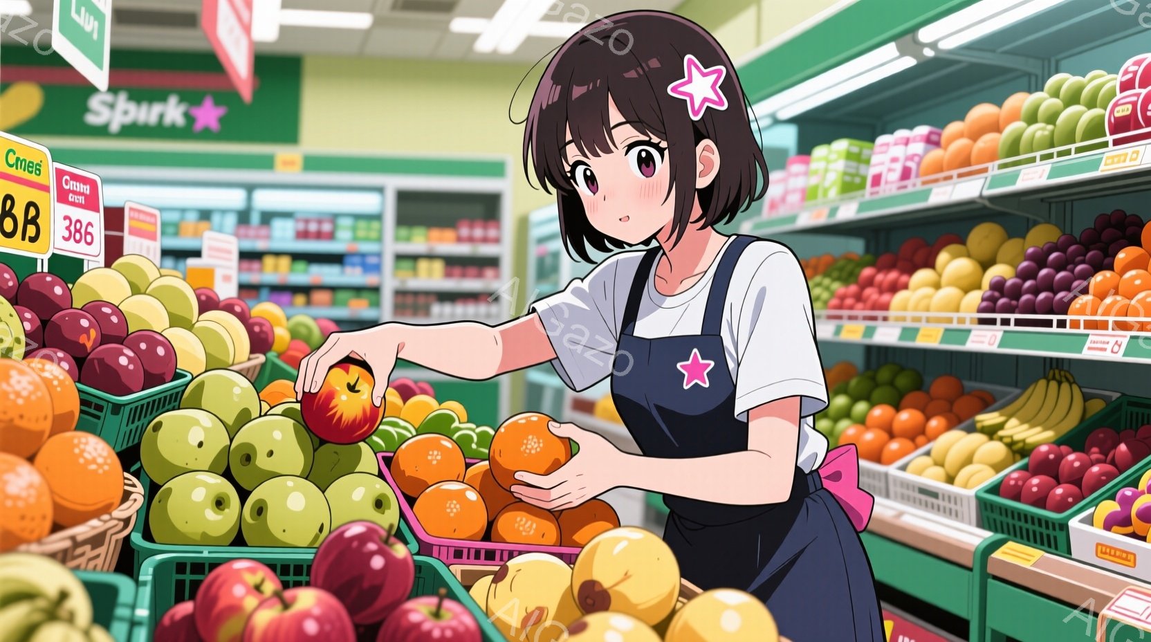 スーパーマーケットでオレンジを並べている若い女性が描かれています。彼女はデニムのオーバーオールに白いTシャツを着ており、黒髪を後ろでまとめ、前髪を下ろしたヘアスタイルです。表情は穏やかで、仕事に集中している様子が伝わります。
