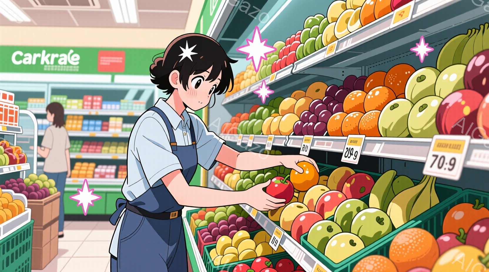 スーパーマーケットの果物売り場を描いています。黒髪で前髪のある女性がエプロンを着て、赤いりんごを手に持っています。背景には、様々な色の果物が積み上げられ、価格表示タグが確認でき、活気のある買い物の雰囲気が感じられます。