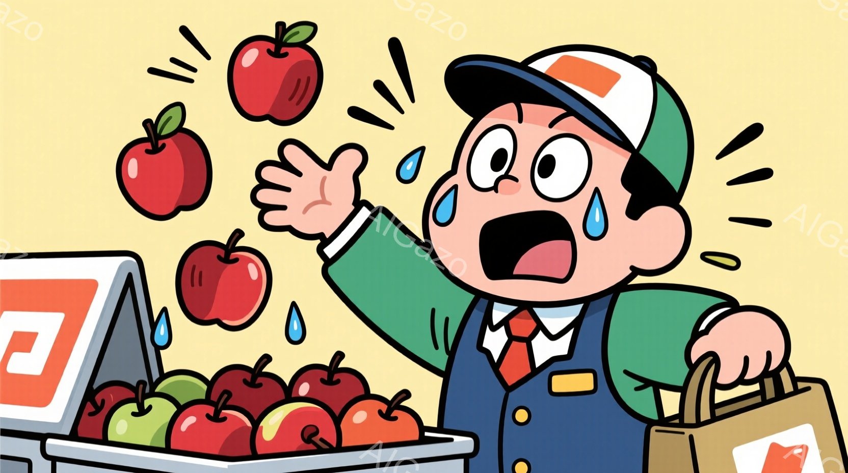 鮮やかな赤いりんごが宙を舞い、驚いた表情の男性が両手を広げてそれらを捕まえようとしています。彼は緑色のジャケット、白いシャツ、赤いネクタイ、そして帽子を着用しており、額には汗が光っています。背景には、りんごが並んだ陳列台とレジ、そして茶色のショッピングバッグが見え、全体的にコミカルで慌ただしい雰囲気が漂っています。