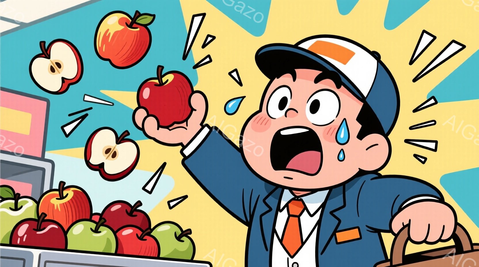 少年は紺色のスーツにオレンジ色の帽子をかぶり、驚いた表情で赤いリンゴを高く掲げています。リンゴは空中でバラバラになり、少年の周りには汗の滴が飛び散り、背景にはリンゴが並んだ果物屋の様子が見えます。全体的に明るい色調で、コミカルで活気のある雰囲気が漂っています。