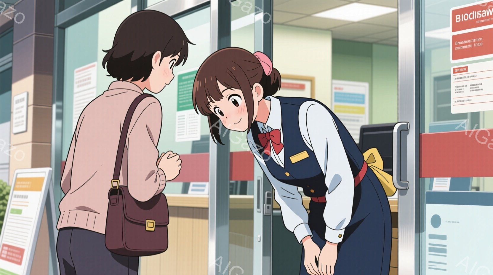 制服を着た女性と、学校の制服を着た女性が描かれています。制服の女性は腰に手を当て、少し微笑みながら、学校の制服の女性に何かを話しかけています。背景にはガラス張りの入り口と、いくつかのお知らせが貼られた壁が見え、学校や公共施設の入り口のような雰囲気です。