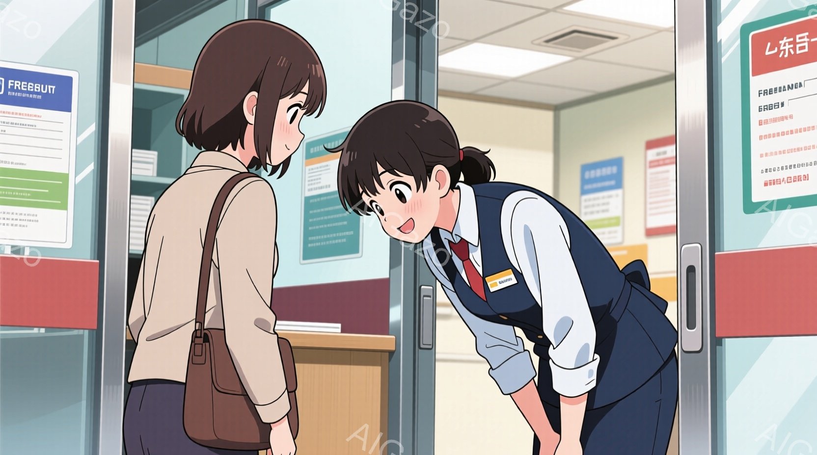 廊下の入り口で挨拶を交わす女性二人が描かれています。左側の女性は茶色の髪で、ベージュのコートと茶色のバッグを身につけ、少し照れたような表情をしています。右側の女性は、紺色の制服と白いブラウスを着用し、深々と頭を下げており、丁寧な印象を与えています。