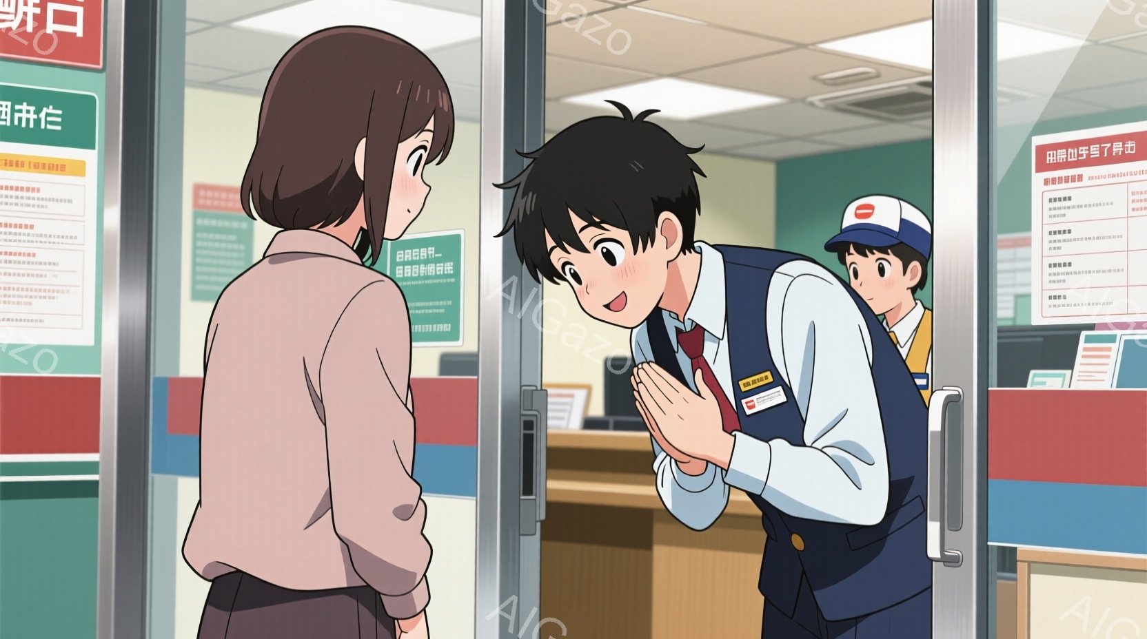 女性と男性が描かれています。女性は茶色の髪で、ベージュのジャケットと白いシャツを着ています。男性は紺色の制服を着ていて、両手を合わせてお辞儀をしており、敬意を表しているようです。