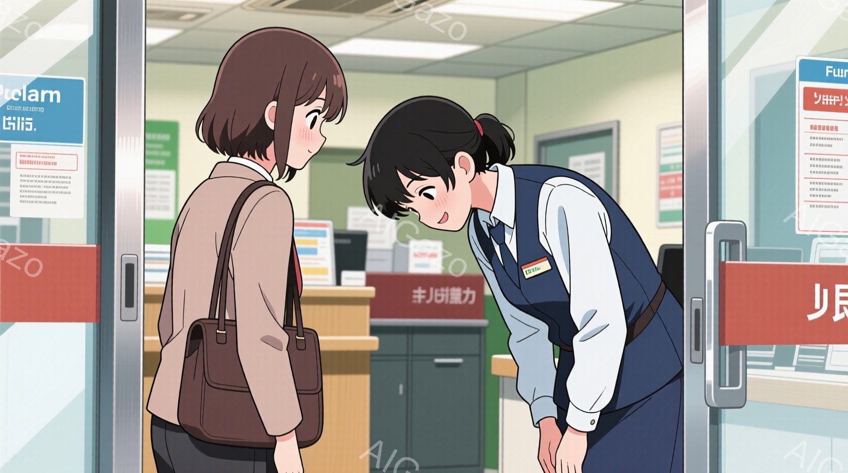 制服を着た女性と、カジュアルな服装の女性が描かれています。制服の女性は前かがみになり、何かを説明しているようで、丁寧な姿勢が伺えます。背景には受付カウンターや書類などが写っており、公共施設やオフィスのような場所であることがわかります。