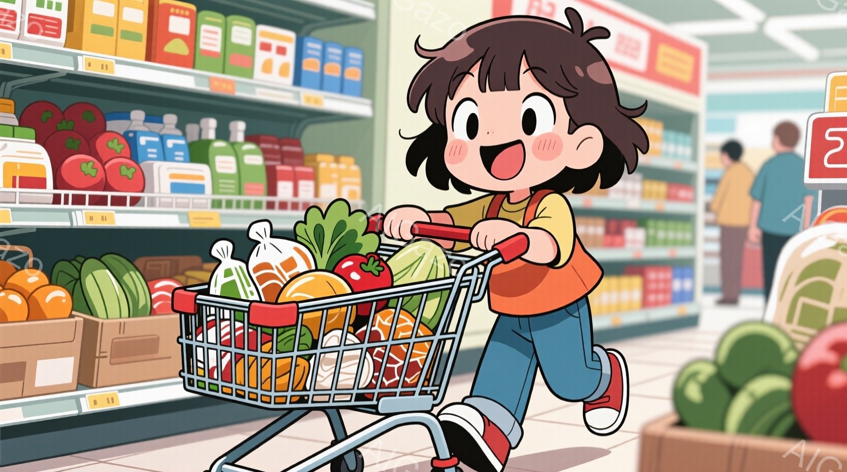スーパーマーケットで買い物をしている若い女の子を描いています。彼女は茶色の短い髪で、赤いオーバーオールと青いズボンを身に着けており、満面の笑みを浮かべています。カートには様々な野菜や果物がたっぷり入っ - AI生成フリー素材