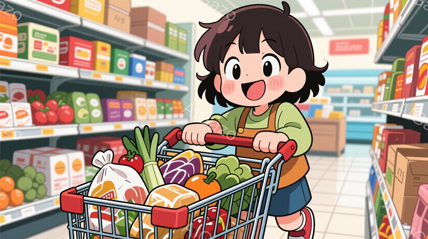 小さな女の子がスーパーマーケットで買い物かごを押しています。彼女はオレンジ色のオーバーオールと緑色のTシャツを着ており、短い茶色の髪をしています。彼女は満面の笑みを浮かべ、買い物かごにはレタス、トマト - AI生成フリー素材