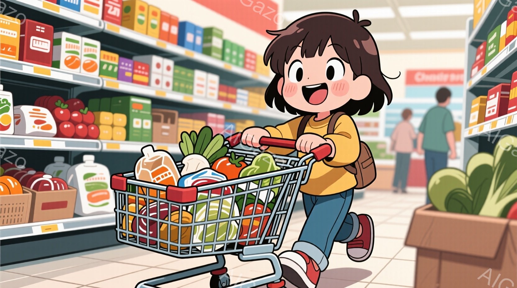 少女はスーパーマーケットで買い物かごを押し、たくさんの野菜や果物が中に入っています。彼女はオレンジ色のセーターを着て、茶色の髪をしています。表情は明るく、楽しそうに買い物をしている様子が伝わってきます - AI生成フリー素材