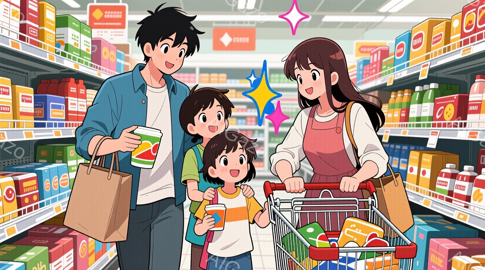 家族はスーパーマーケットで買い物をしています。父親は紺色のシャツとズボンを着用し、母親はピンクのシャツとデニムのオーバーオールを着ています。二人の子供たちはそれぞれオレンジ色の飲み物を持ち、笑顔で母親の横を歩いています。