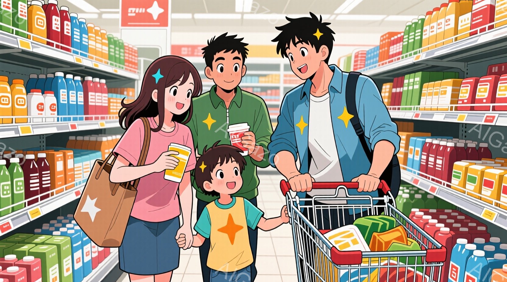 スーパーマーケットの通路で買い物をしている家族を描いています。母親は茶色の髪で、紫色のシャツを着て肩にバッグをかけています。父親は青いシャツを着ており、小さな息子は黄色のシャツを着て母親の腕に抱かれており、家族は皆笑顔で楽しんでいるようです。