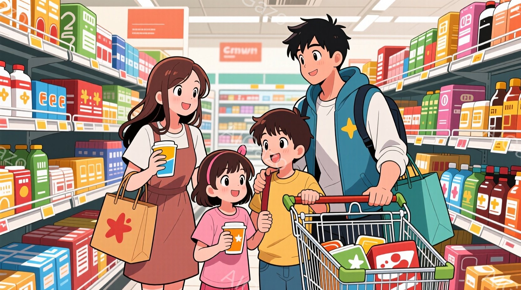 少女と少年、そして母親がスーパーマーケットの通路で買い物をしている様子が描かれています。母親は長い茶色の髪をしており、白いシャツにデニムのジャケットを着ています。少女はピンクのTシャツ、少年は赤いTシ - AI生成フリー素材