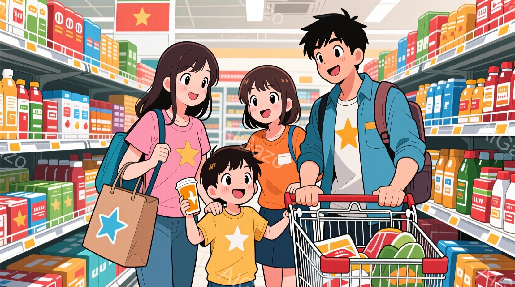 スーパーマーケットの中で買い物をしている家族が描かれています。母親はピンクのシャツに肩掛けバッグを持ち、娘はオレンジ色のシャツを着ています。息子は飲み物を手に持ち、父親はショッピングカートを押しながら家族を見守っています。