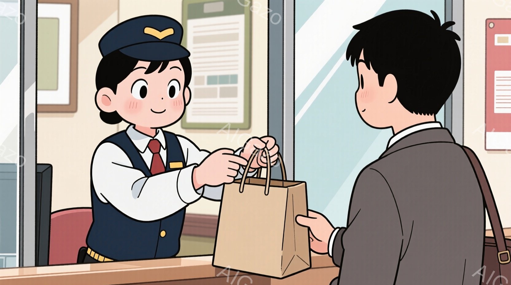制服を着た若い女性が、茶色の紙袋を男性に渡している場面です。女性は紺色の制服に赤いネクタイ、帽子を着用し、笑顔で紙袋を差し出しています。背景には受付のようなカウンターとポスターがあり、全体的に明るく親切な雰囲気です。