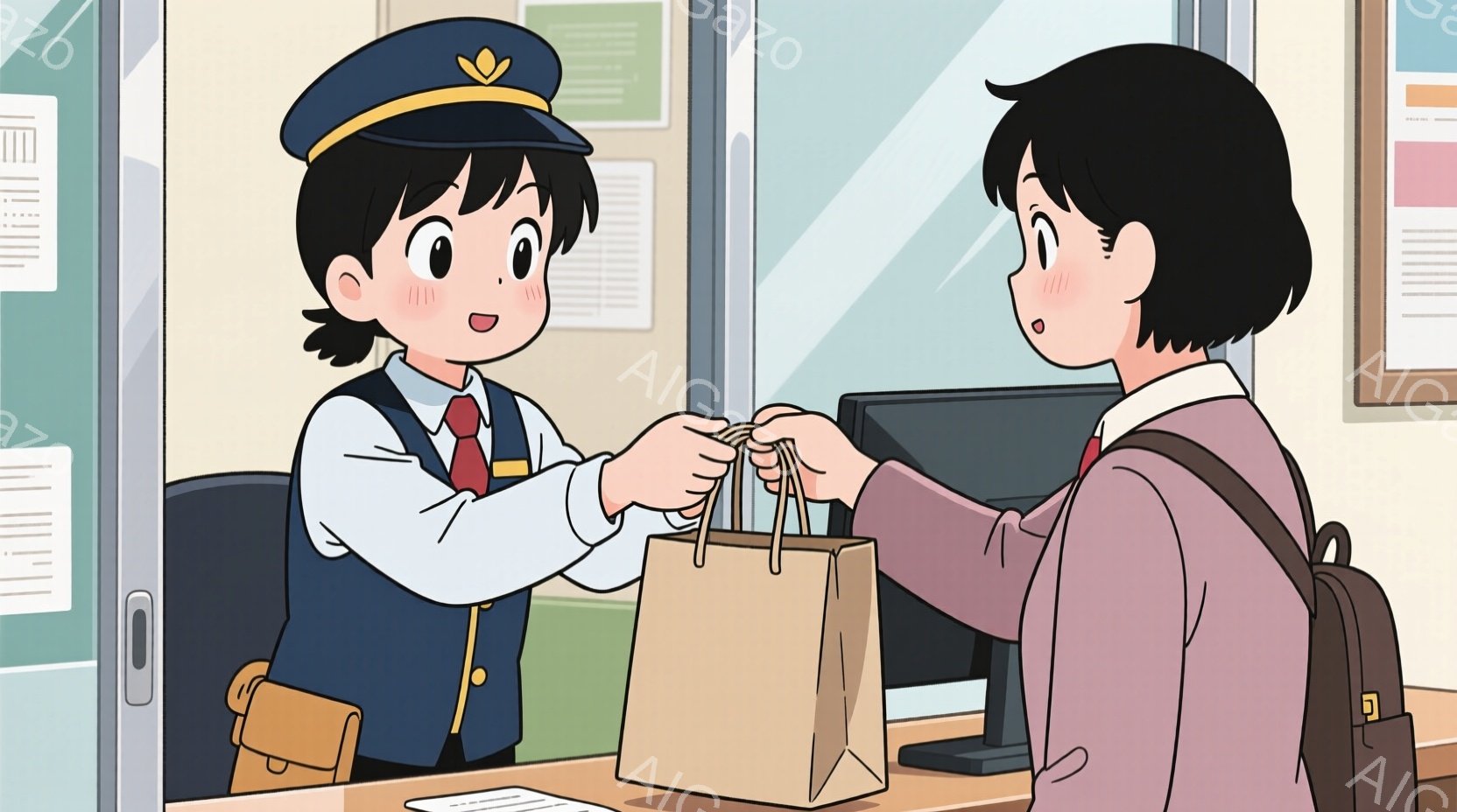 制服を着た女性と、鞄を持っている女性が描かれています。制服の女性は、白シャツにネクタイ、青いジャケット、帽子を着用し、笑顔で茶色の紙袋を鞄の女性に渡しています。鞄の女性は、ピンク色のシャツにセーター、リュックサックを背負い、少し照れたような表情で紙袋を受け取っています。
