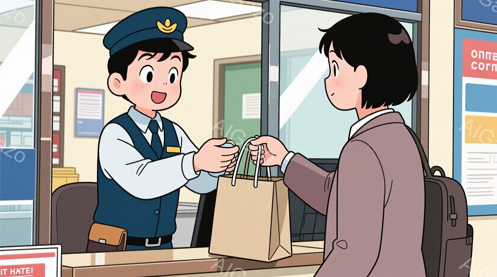 制服を着た若い男性が、茶色の紙袋を女性に渡しています。男性は白いシャツに紺色のベストと帽子を着用し、笑顔で接客しています。背景には受付カウンターとオフィスのような空間が見え、明るく親しみやすい雰囲気で - AI生成フリー素材