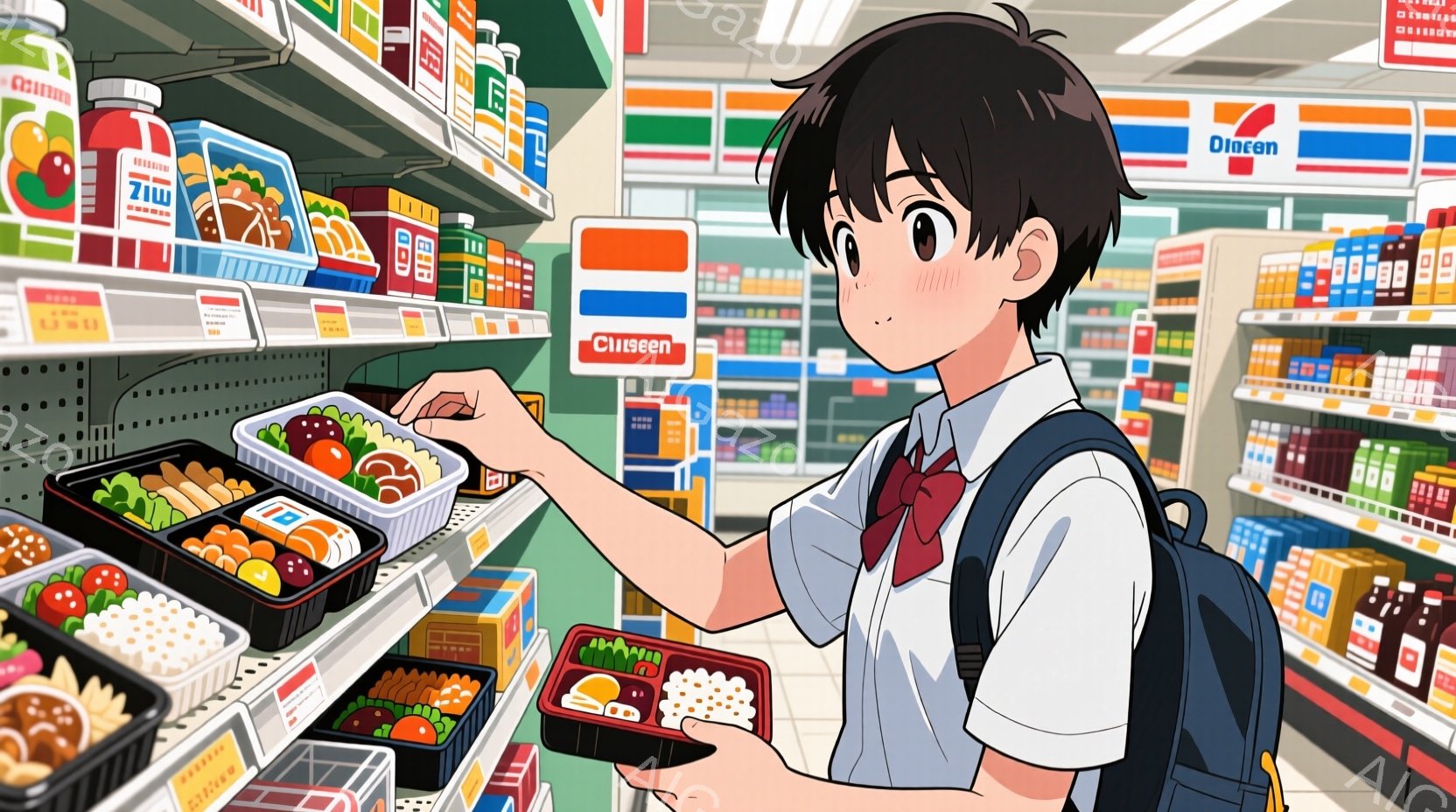 少年はコンビニエンスストアの冷蔵庫の前で、お弁当を選んでいます。彼は白いシャツにネクタイ、紺色のブレザーを着て、リュックサックを背負っており、少し困ったような表情をしています。背景には様々な種類のお弁当や飲み物が並び、明るく清潔なコンビニの雰囲気が伝わってきます。