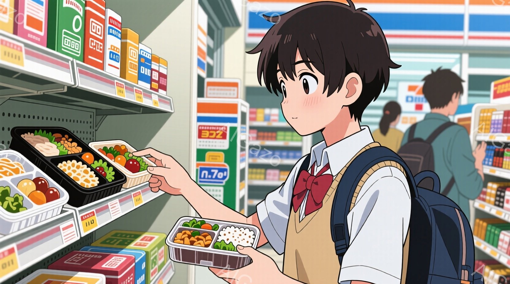 見た目の整った少年がコンビニエンスストアの弁当棚の前で、手に弁当を持っている。彼は茶色の髪で、学校の制服にネクタイとベストを着ており、少し微笑んでいる表情をしている。背景には、様々な種類の弁当が並んだ棚と、他の買い物客がぼんやりと見える。