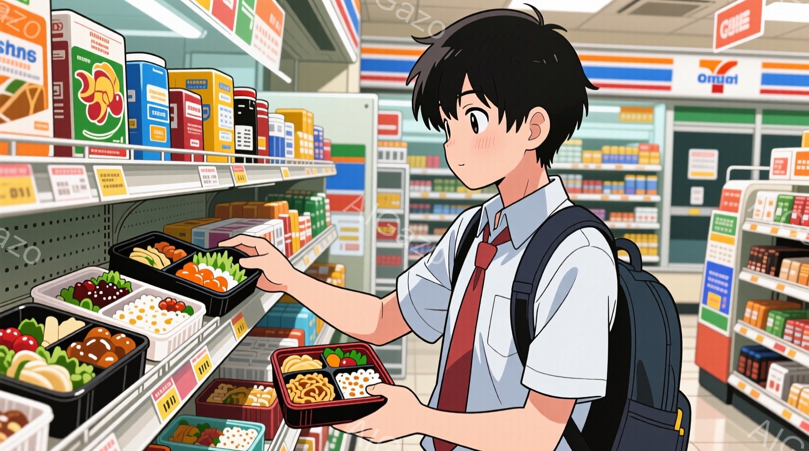 コンビニエンスストアの弁当売り場に立つ男子高校生が描かれています。彼は制服姿で、黒髪の短髪、真剣な表情で弁当を選んでいます。背景には様々な種類の弁当が並び、明るい照明がコンビニ内部を照らしています。