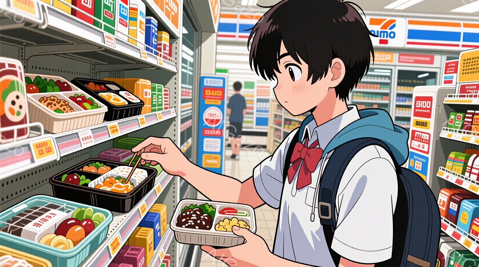 制服を着た男子高校生が、コンビニエンスストアの弁当売り場で、様々な種類の弁当を見ながら悩んでいる様子が描かれています。彼は黒髪で、少し前髪が目にかかるスタイルで、真剣な表情で弁当を選んでいます。背景には、色とりどりの弁当が並んだ棚と、奥に他の買い物客が見え、活気のあるコンビニの雰囲気が伝わってきます。