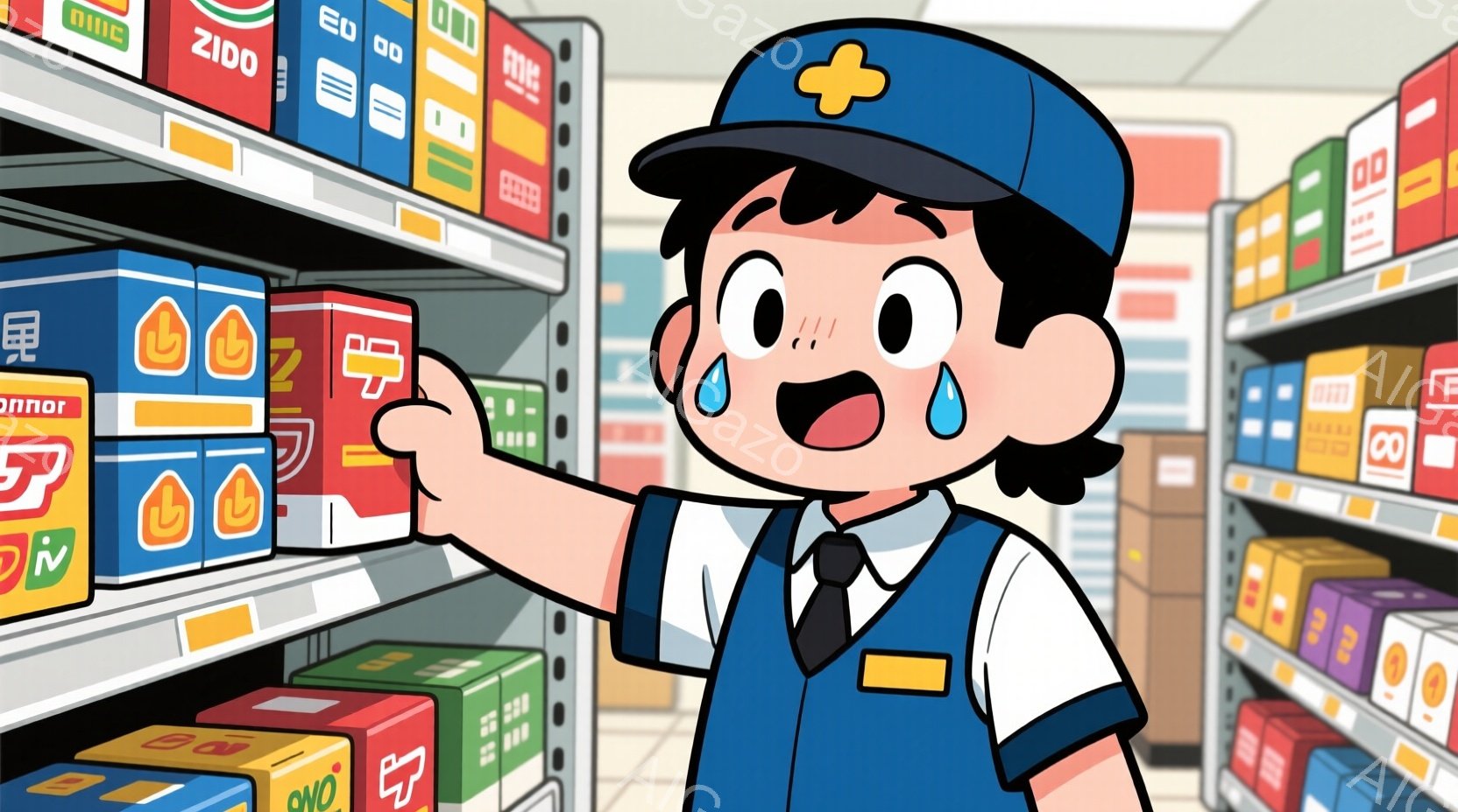 青い制服を着て帽子をかぶった若い男性を描いています。彼は少し困ったような表情で、棚に並んだ商品の一つを指差しています。背景には、様々な商品が並んだ棚が続き、スーパーマーケットのような場所であることがわかります。