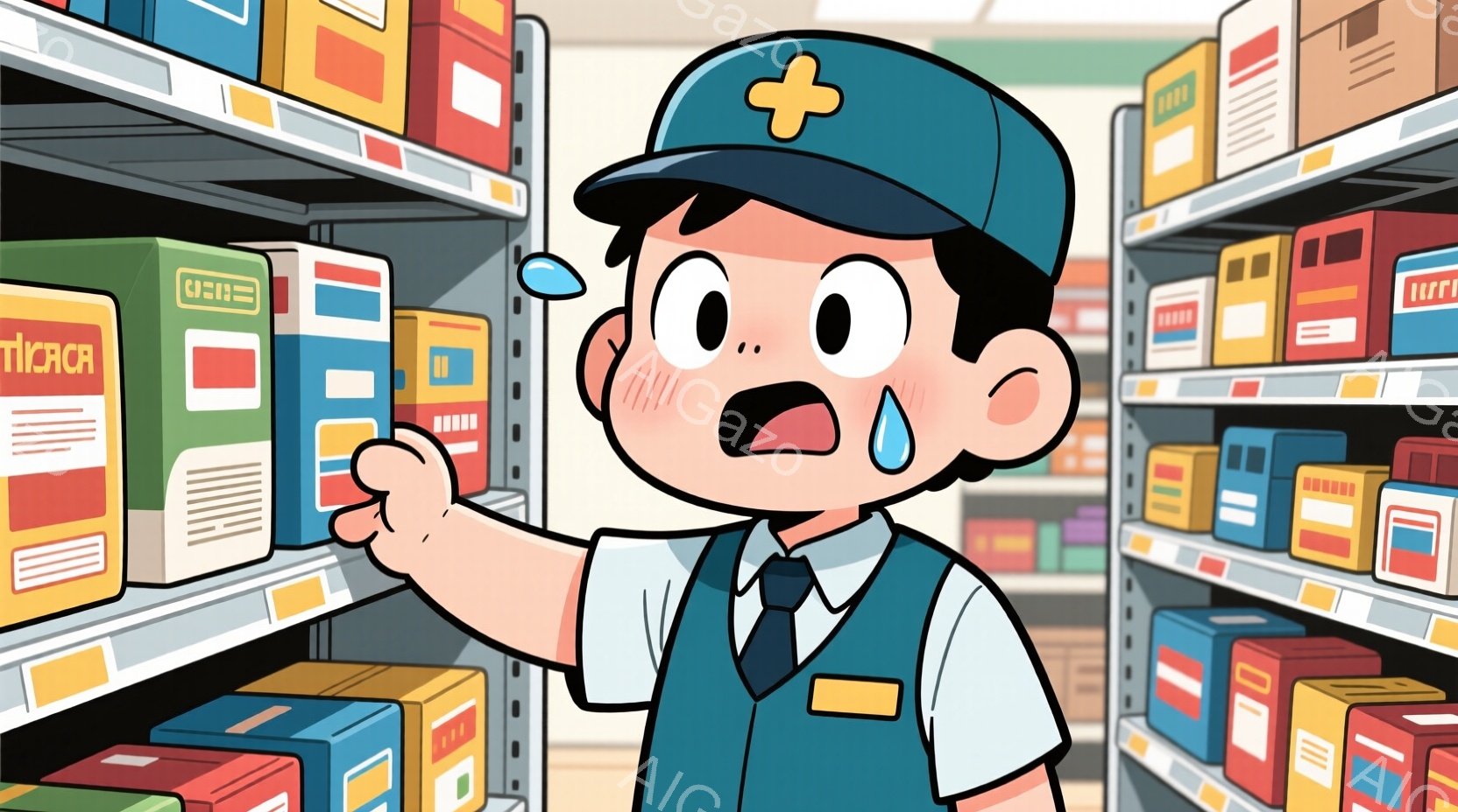 少年は、緑色のベストと白いシャツ、ネクタイを着用し、右手を上げ、驚いた表情をしています。背景には医薬品が並んだ棚が多数あり、明るく清潔な薬局のような雰囲気です。彼の頬には涙が流れ、何か困難な状況に直面していることを示唆しています。