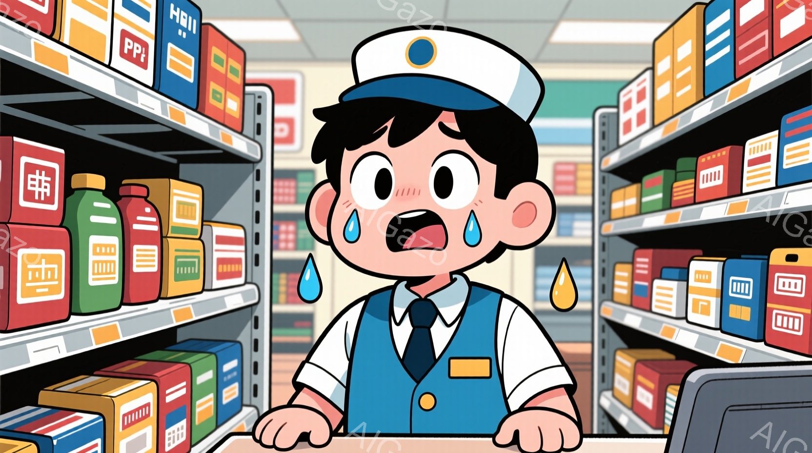 スーパーマーケットの棚の前に立つ若い男性が描かれています。彼は紺色のベスト、白いシャツ、ネクタイ、そして白い帽子を着用し、顔には汗が滴り、非常に驚いた表情をしています。背景には、様々な商品が並んだ棚が - AI生成フリー素材