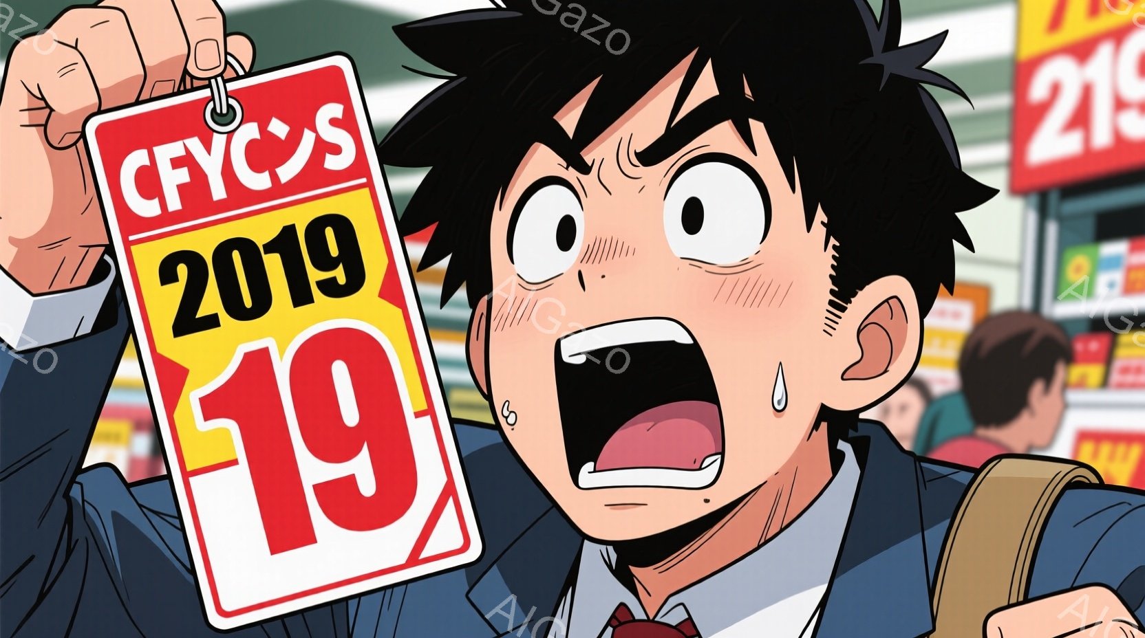 若い男性が驚いた表情で描かれており、大きく口を開け、目は大きく見開かれている。彼は紺色のブレザー、白いシャツ、赤いネクタイを着用し、肩には茶色のバッグをかけている。背景には、他の人々やカラフルな商品が並ぶ店内の様子が見え、全体的に活気のある雰囲気である。