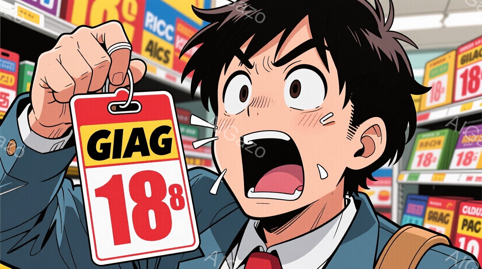 若い男性が驚いた表情で、赤い背景に「18」と書かれた大きなタグを持っています。彼は白いシャツにネクタイとジャケットを着ており、黒髪で少し乱れた髪型をしています。背景には様々な商品の棚があり、明るい照明が全体を照らしています。