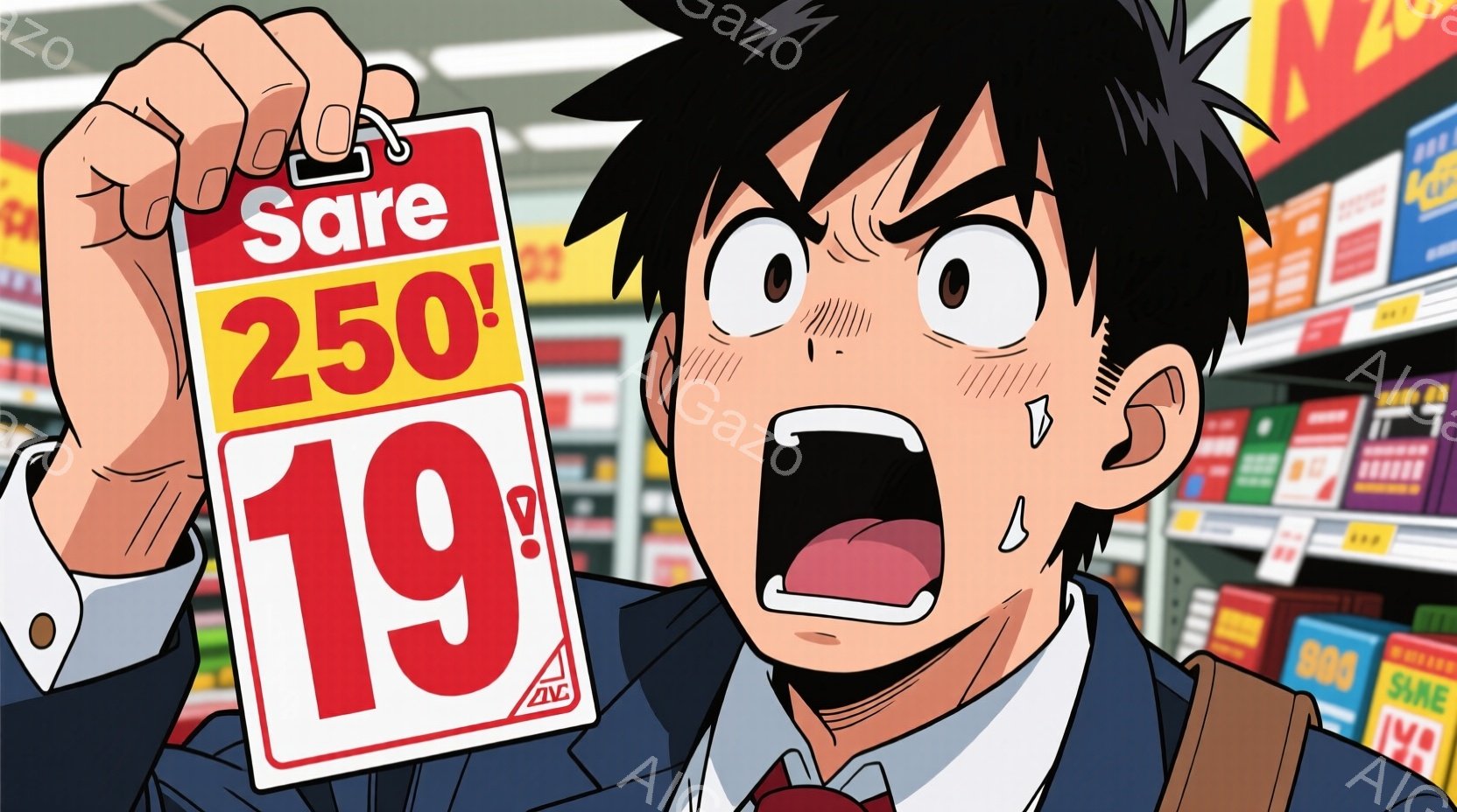 若い男性が驚愕した表情で赤いセール札「19」を掲げています。彼は紺色のスーツに白いシャツを着ており、黒い髪は逆立っています。背景には商品棚が並び、スーパーマーケットのような小売店の内部であることがわかります。