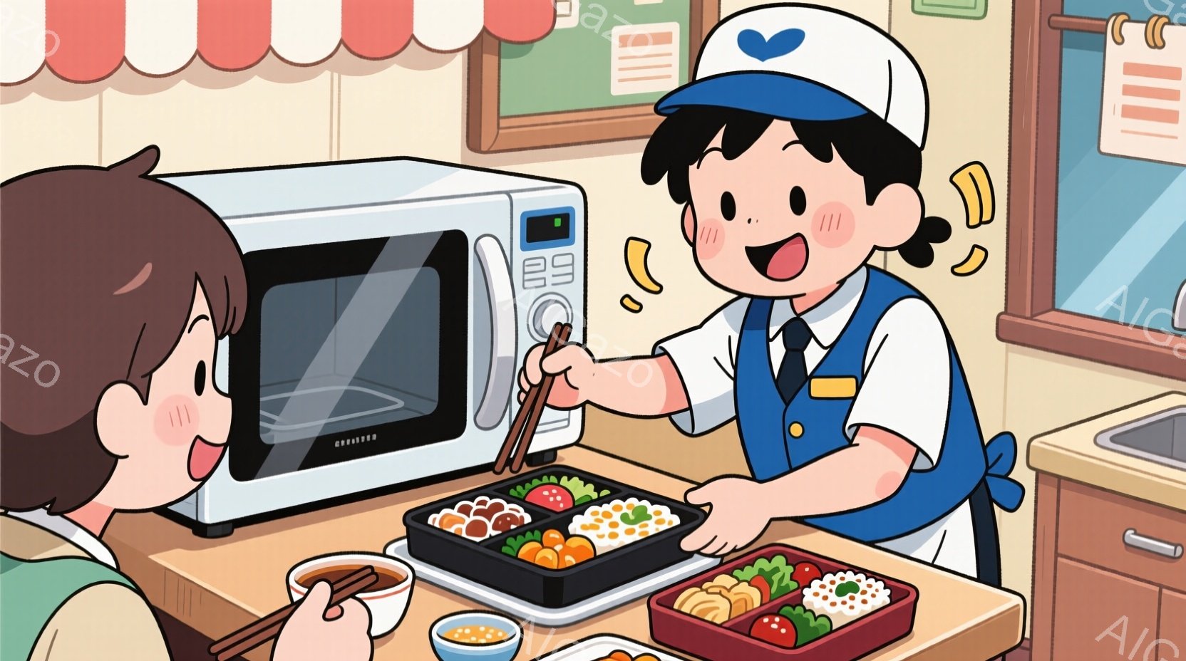 少年は、白いシャツにエプロン、帽子をかぶった姿で、お弁当箱に箸をセットしています。彼は笑顔で、お弁当を準備している様子が伺えます。背景には電子レンジや調理台があり、キッチンの一室でのお弁当作り風景が描 - AI生成フリー素材