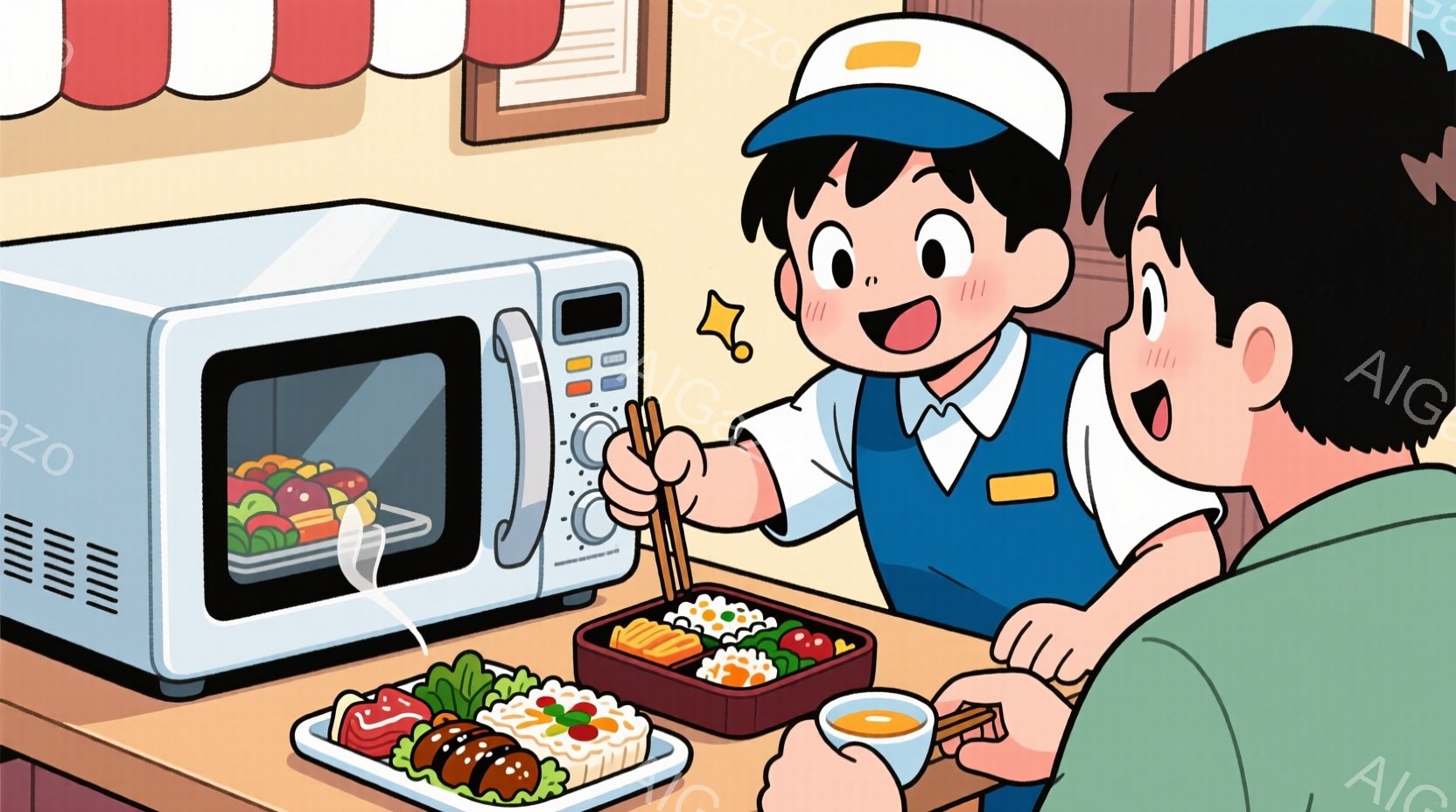 白いマイクロ波炉から湯気が立ち上り、中に弁当が見える。紺色の帽子とエプロンをつけた少年は、箸を手に嬉しそうに微笑み、もう一人の人物は弁当を食べようとしている。背景には、赤い模様の壁と弁当の盛り付け皿が - AI生成フリー素材