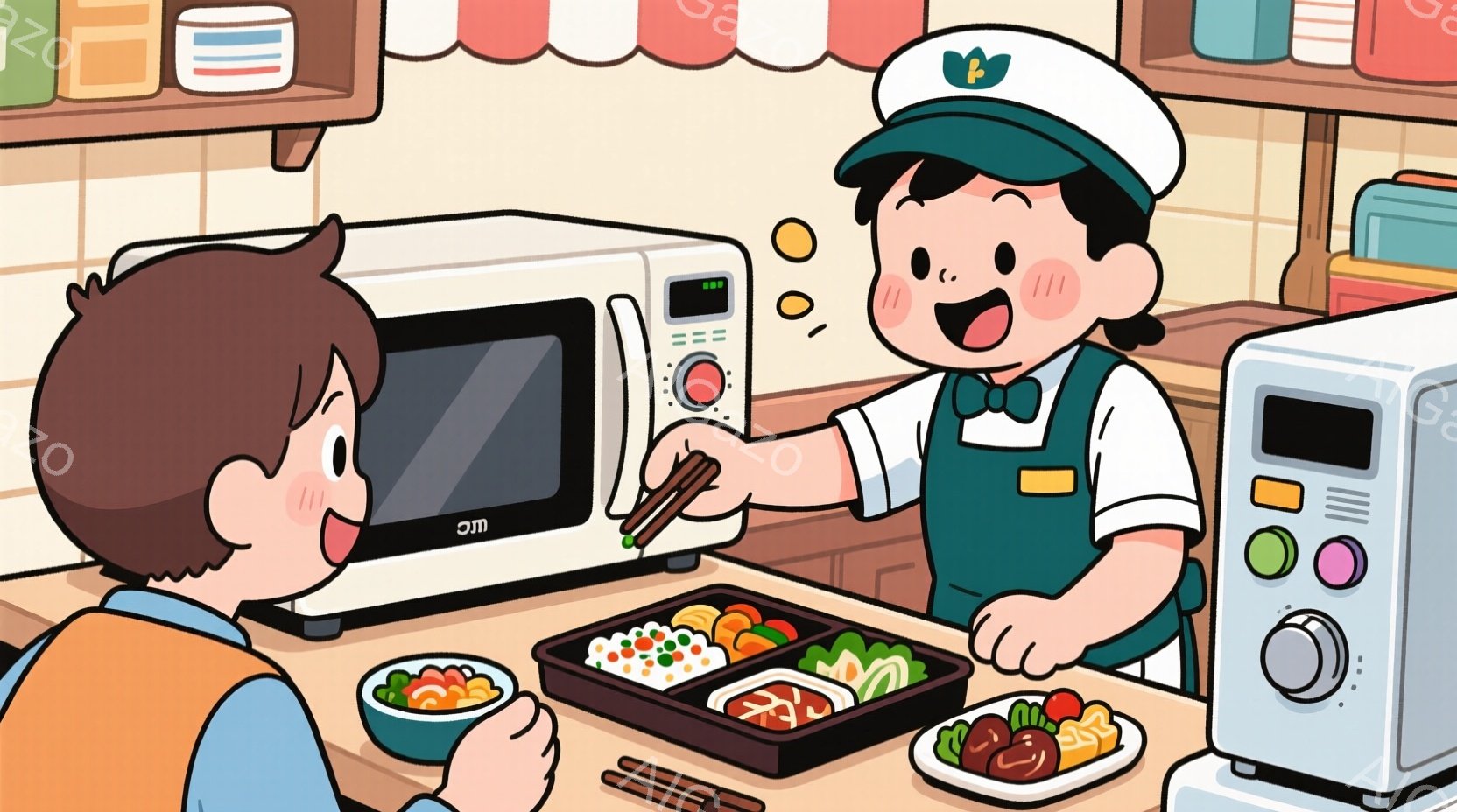 オレンジ色の髪の少年と、エプロンと帽子をつけた笑顔の店員が、調理台を挟んで向かい合っています。店員は、手にした箸を少年の方へ差し出しており、調理台には弁当と小鉢、電子レンジが置かれています。背景には棚があり、全体的に明るく、温かい雰囲気のイラストです。