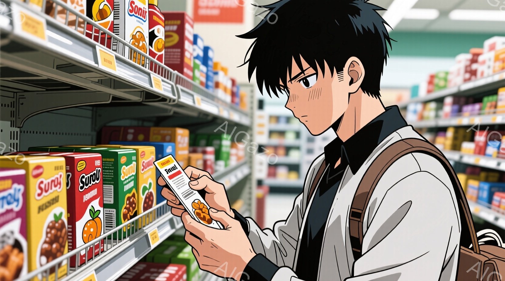 若い男性がスーパーマーケットの棚の前で商品のラベルを熱心に読んでいる。彼は黒髪で、黒いコートを着ており、少し眉間にしわを寄せ、真剣な表情をしている。背景には様々な種類の食品が並んだ棚が続き、明るく活気のあるスーパーマーケットの雰囲気が感じられる。