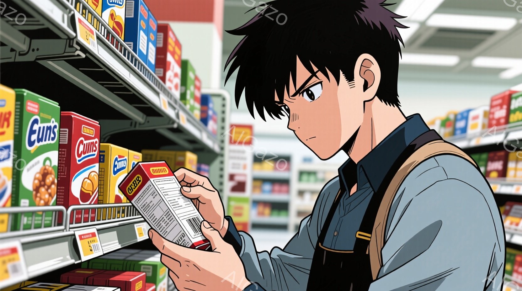 若い男性がスーパーマーケットの棚の前で箱入りの食品を調べている。彼は黒髪で、少し眉間にしわを寄せ、集中した表情をしている。紺色のシャツにオーバーオールを着ており、商品のラベルを注意深く読んでいる様子から、何らかの情報を確認しようとしていることがわかる。