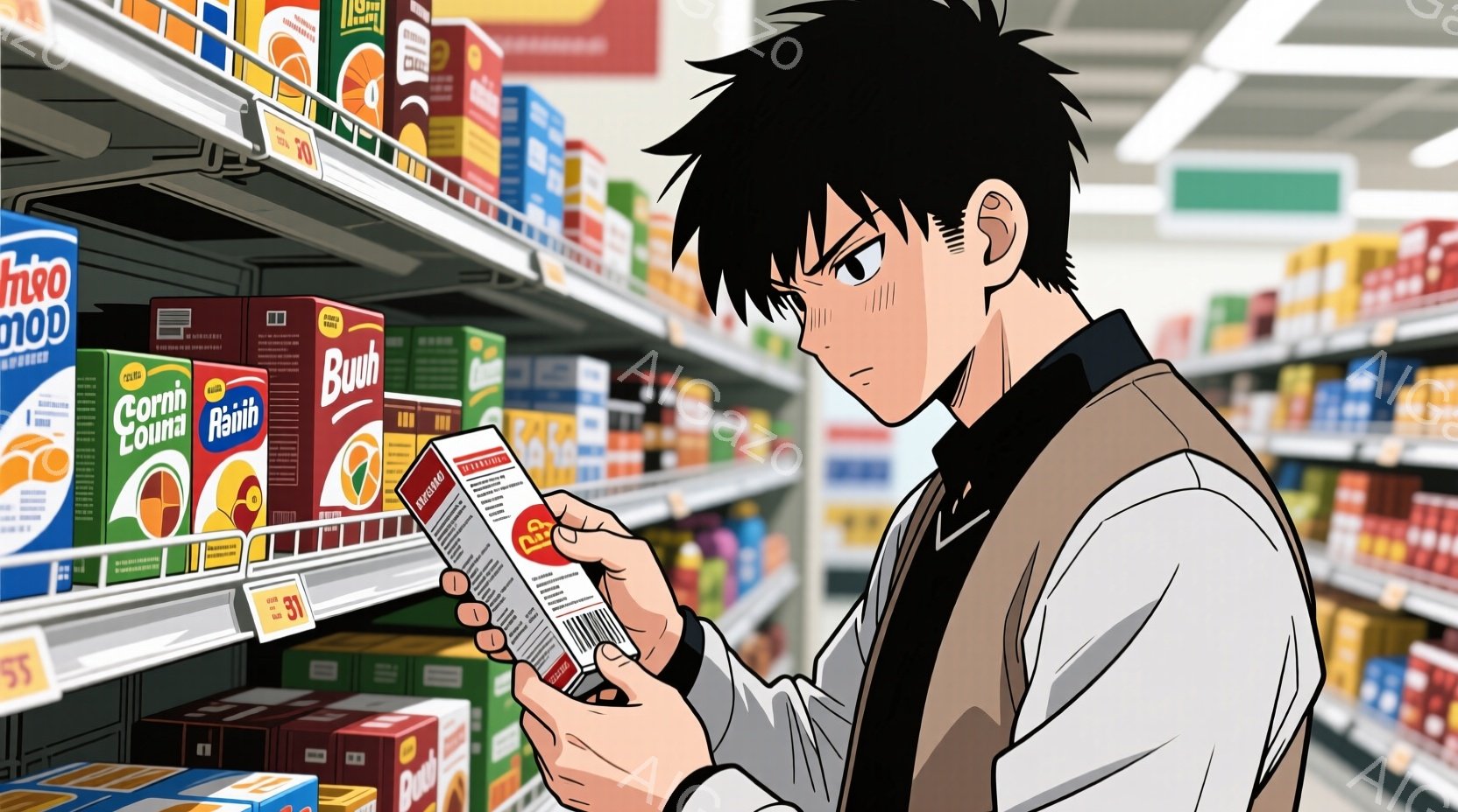 若い男性がスーパーマーケットの棚の前で商品を見ている様子が描かれています。彼は黒髪で、少し眉間にしわを寄せ、真剣な表情で商品のラベルを読んでいます。黒いジャケットと白いシャツを着ており、背景には様々な食品が並んだ棚が広がっています。