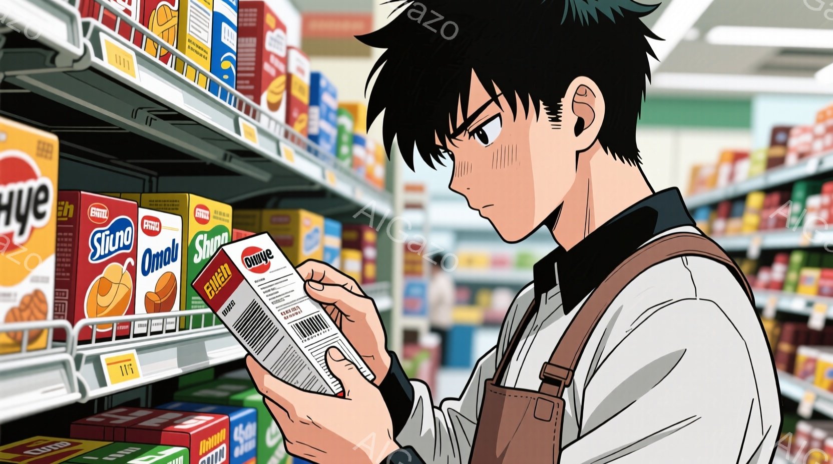 スーパーマーケットの棚の前で商品のラベルを調べている若い男性を描いています。彼は黒髪で、前髪が少し落ちたヘアスタイルをしており、真剣な表情で商品を見つめています。彼は白いシャツにベストを着用し、左腕には何かを隠しているようです。