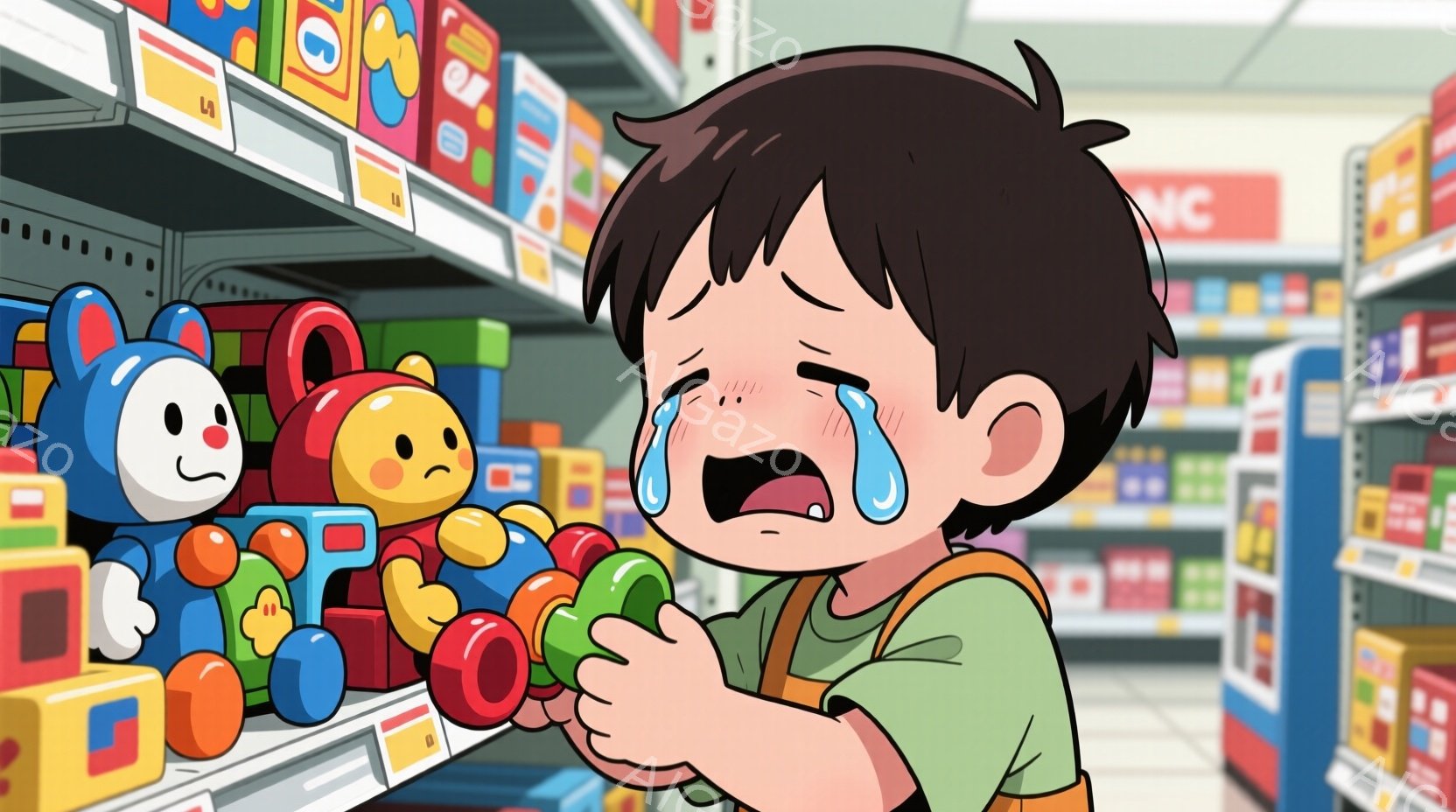 赤いおもちゃの列車を強く握りしめ、幼い男の子が泣き叫んでいます。彼は短い茶色の髪を持ち、オレンジ色のシャツに茶色のオーバーオールを着ています。背景にはおもちゃが並んだ棚があり、スーパーマーケットのような場所で、全体的に悲しみと絶望的な雰囲気が漂っています。