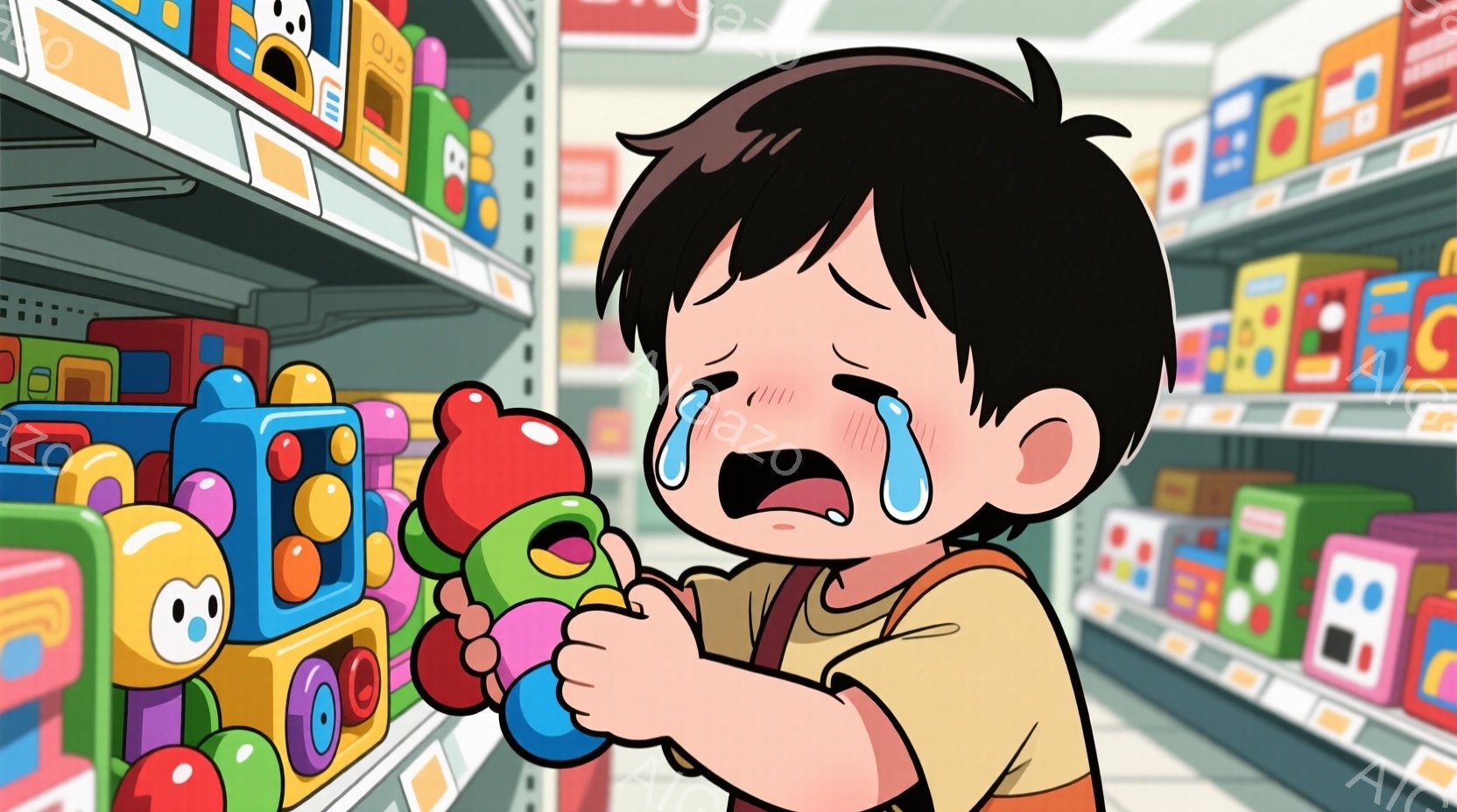 茶髪の幼い男の子が、おもちゃのラトルを強く握りしめ、目に大きな涙を浮かべて泣いています。オレンジ色のオーバーオールを着ており、背景にはおもちゃが並んだ棚がぼやけて見えます。全体的に、おもちゃを欲しがって泣き叫んでいる子供の、悲しく、切ない雰囲気が伝わってきます。