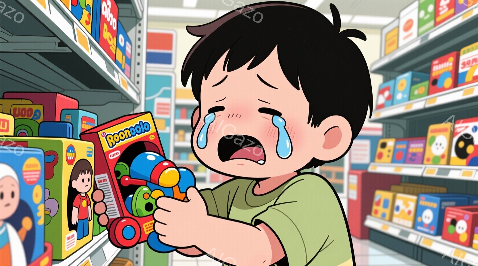 小さな男の子が、おもちゃ売り場の棚の前で泣いています。彼は緑色のシャツを着ており、黒い髪は短く整えられています。大きな涙が彼の頬を伝い、手に持っているおもちゃの銃を強く握りしめています。