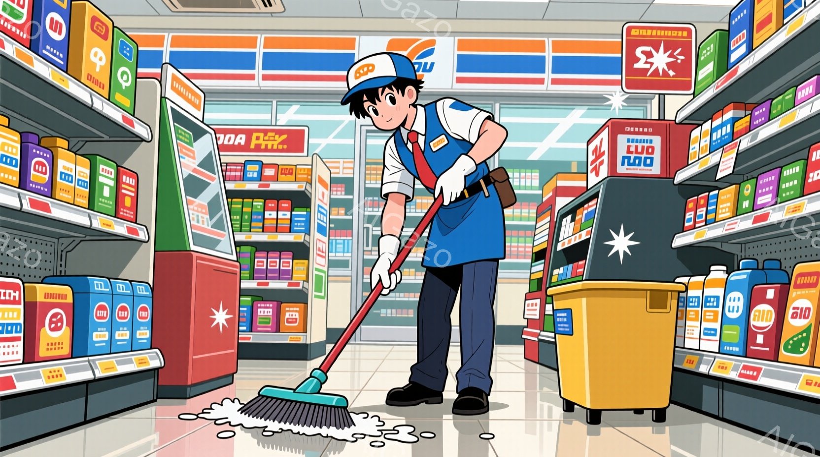制服を着た若い男性が、スーパーマーケットの通路でモップで床を掃除しています。彼は青い作業着に白い帽子をかぶり、名札をつけています。背景には、商品が並んだ赤い棚が並び、明るく清潔な雰囲気が漂っています。